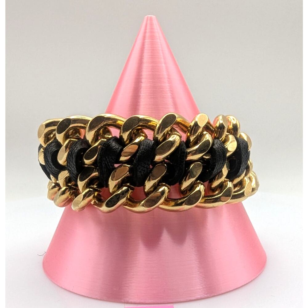 VINCE CAMUTO Chain Link Leather Bracelet Gold Tone Black Toggle 6 in
